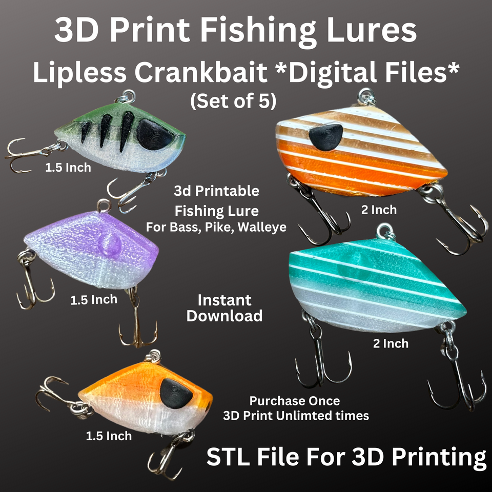 3D Print Fishing Lures (Set of 5) Lipless Crankbait STL Files For 3D Printing Easy To 3D Print Fish For Bass Pike Walleye Fish Catch Proven